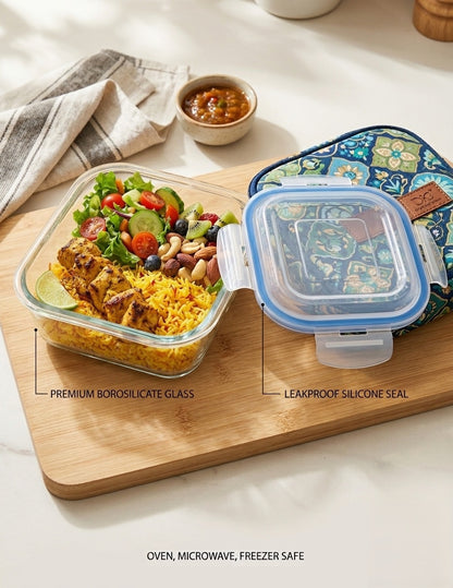 Smartserve Square Borosilicate Glass Lunch Box with Blue PP Lid, 510 ML Set of 2 | Microwave & Refrigerator Safe Food Storage Container | Meal Prep, Office, School & Home Use