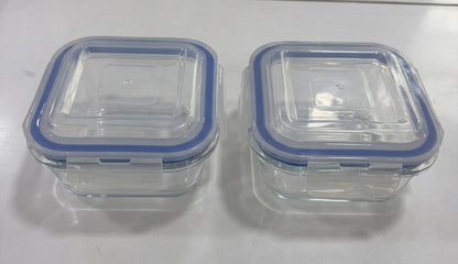 Smartserve Square Borosilicate Glass Lunch Box with Blue PP Lid, 510 ML Set of 2 | Microwave & Refrigerator Safe Food Storage Container | Meal Prep, Office, School & Home Use