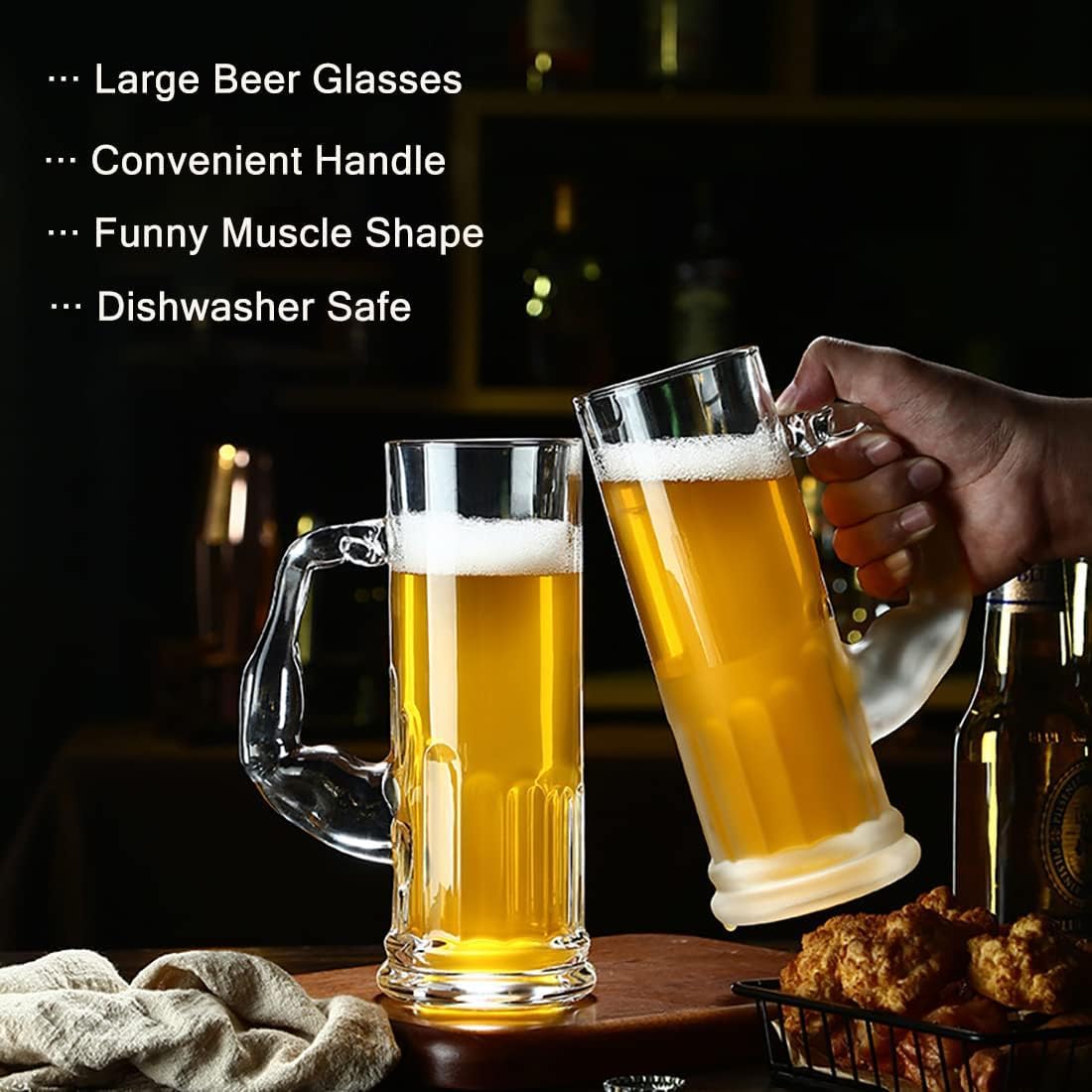 Smartserve Crystal Muscle Beer Mug Set of 6 | 600ml Heavy Clear Glass Beer Mugs | Premium Lead-Free Crystal Barware | Freezer Safe Thick Handle Large Beer Glass Set for Home, Bar & Parties