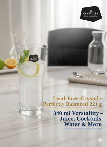 Bohemia Crystal Crystalex Grace Highball Glass, Lead-Free Czech Crystal, Clear, 340 ml, Premium Barware for Water, Juice, Cocktails & Beer, Ultra-Thin Laser-Cut Rim
