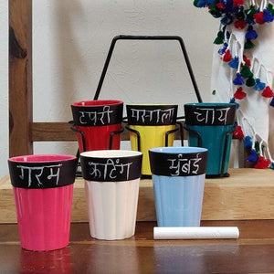 Stallion Barware Unbreakable Chalkboard Chai Cups with Caddy (150ml) - Set of 6 | Cutting Chai Cups