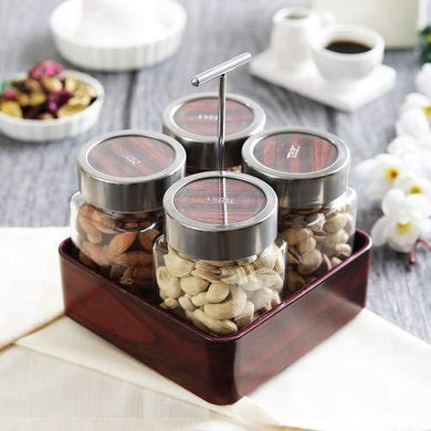 JVS Revolving Organiser Treo Jars Mahogany, 310 ml , Multicolour, 4 jars-1 stand-1 handle | Jars & Containers