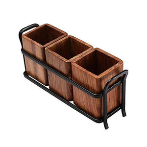 JVS Trio Cutlery Holder Brown in Wood Material with Black Stylish Iron Stand | Kitchen Racks & Holders