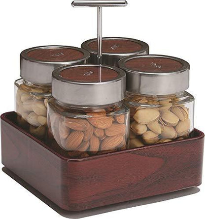 JVS Revolving Organiser Treo Jars Mahogany, 310 ml , Multicolour, 4 jars-1 stand-1 handle | Jars & Containers