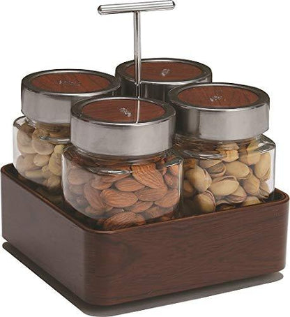 JVS Revolving Organiser Treo Jars Walnut, 310 ml , Multicolour, 4 jars-1 stand-1 handle | Jars & Containers