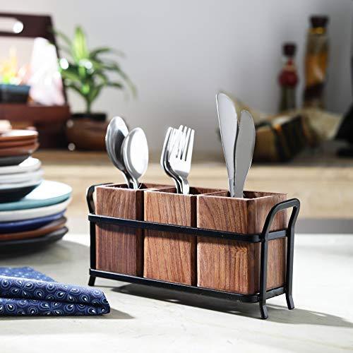 JVS Trio Cutlery Holder Brown in Wood Material with Black Stylish Iron Stand | Kitchen Racks & Holders