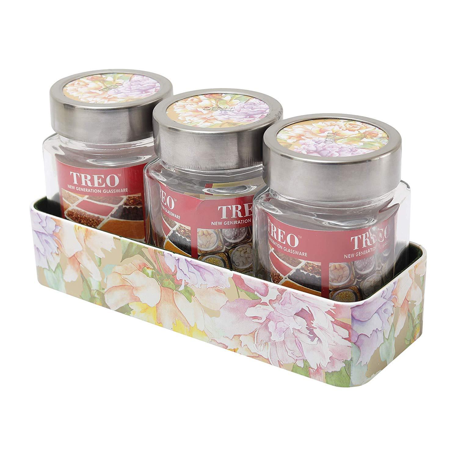JVS Counter Organiser Treo Jars Lavender, 310 ml , Multicolour, 3 jars-1 stand | Jars & Containers