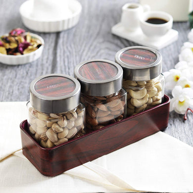 JVS Counter Organiser Treo Jars Mahogany, 310 ml , Multicolour, 3 jars-1 stand | Jars & Containers