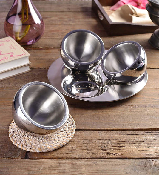 Sanjeev Kapoor Stainless Steel Bowl and Tray Set, 3 Bowl and 1 Tray | Serving Bowl