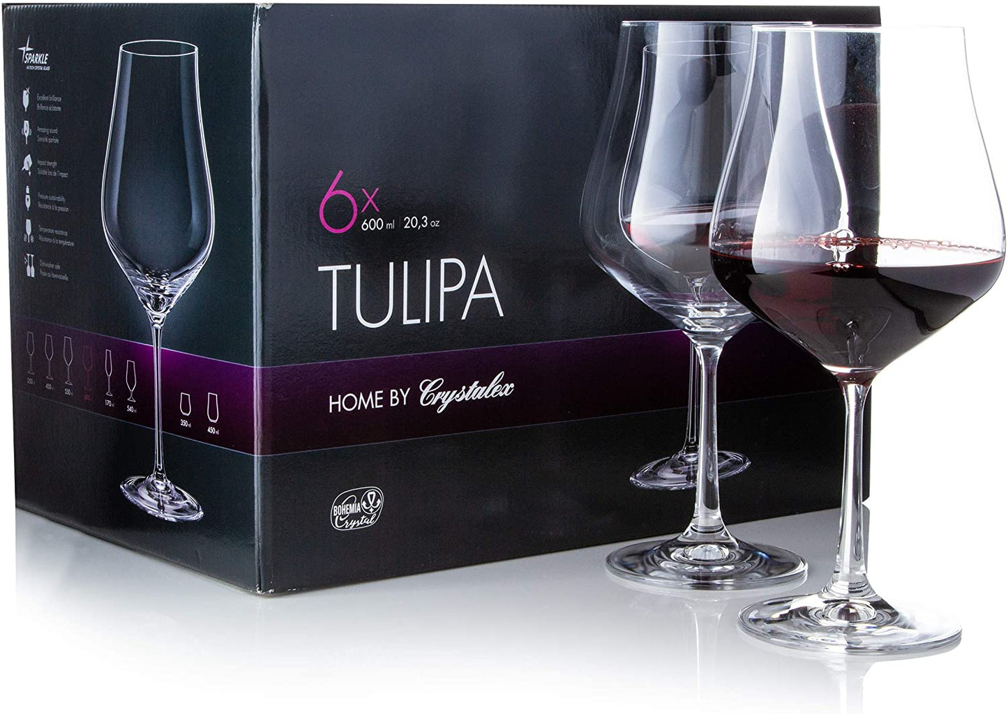 bohemia-crystal Tulipa Red Wine Glass Set, 600ml, Set of 6, Transparent