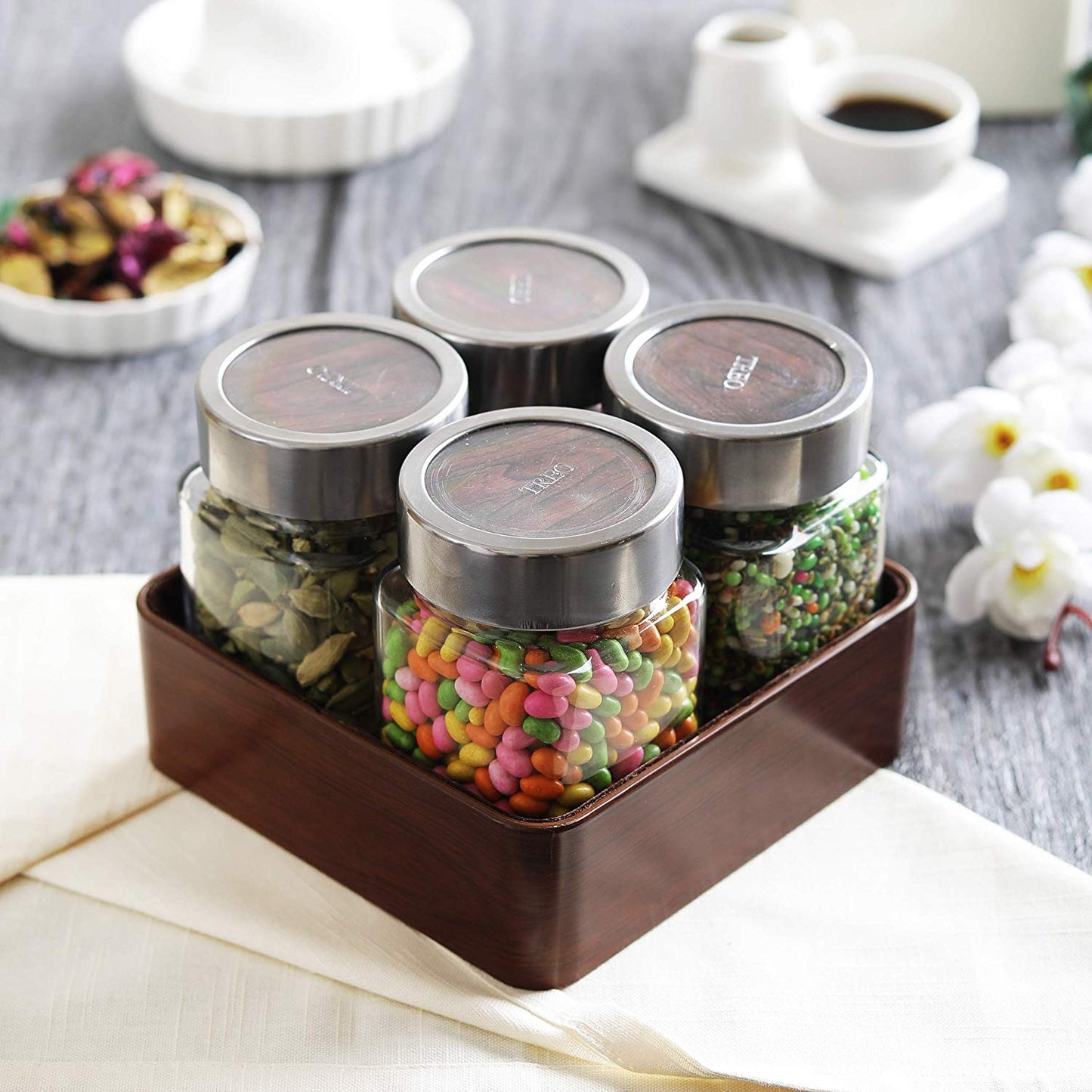 JVS Counter Organiser Treo Jars Walnut, 310 ml , Multicolour, 4 jars-1 stand | Jars & Containers