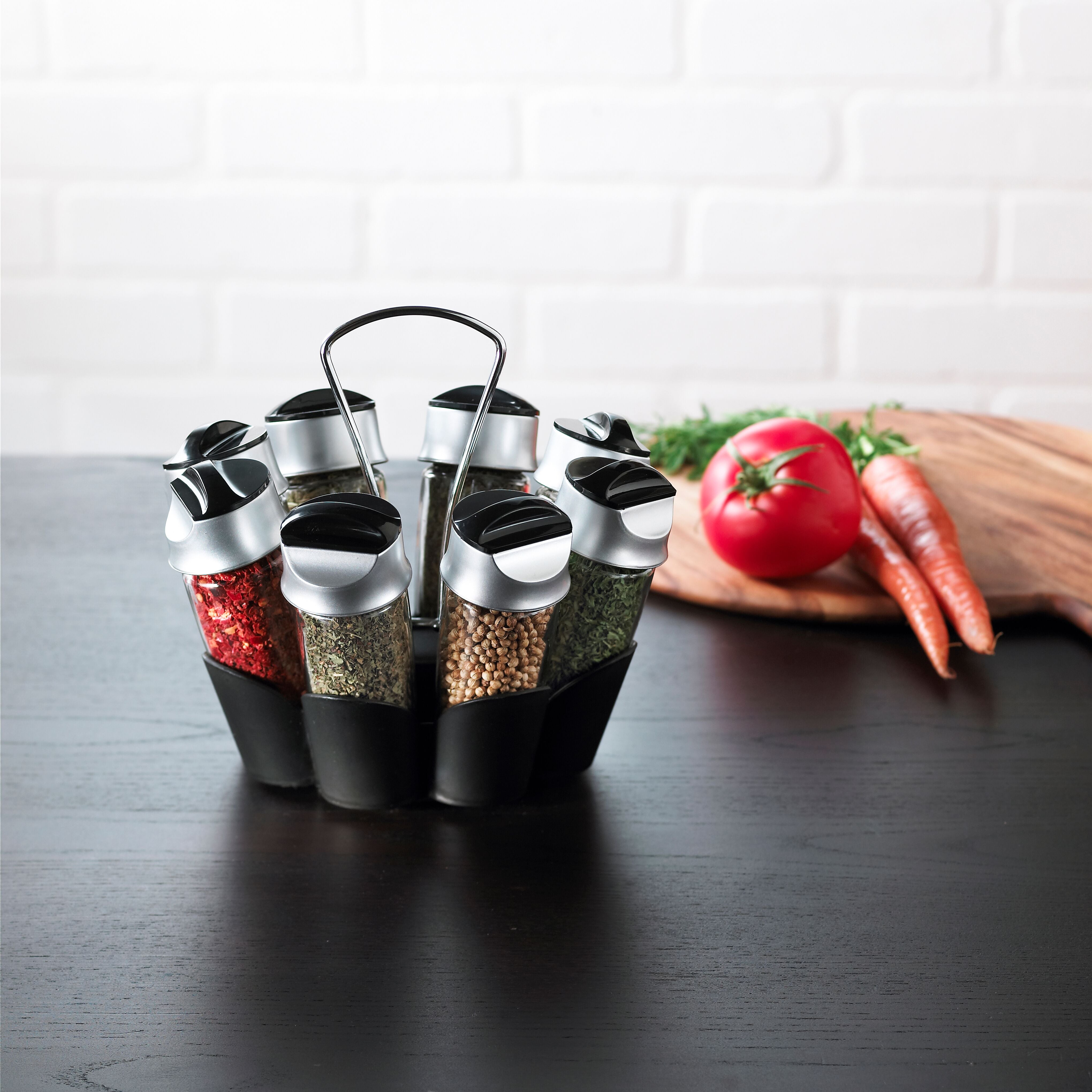 Treadeu Spice Rack Trudeau Glass Bottle Flower Spice Rack Set, Set of 8, Black ...
