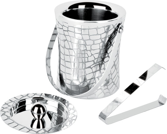 Close-up of stainless steel ice bucket with grid pattern and tongs.