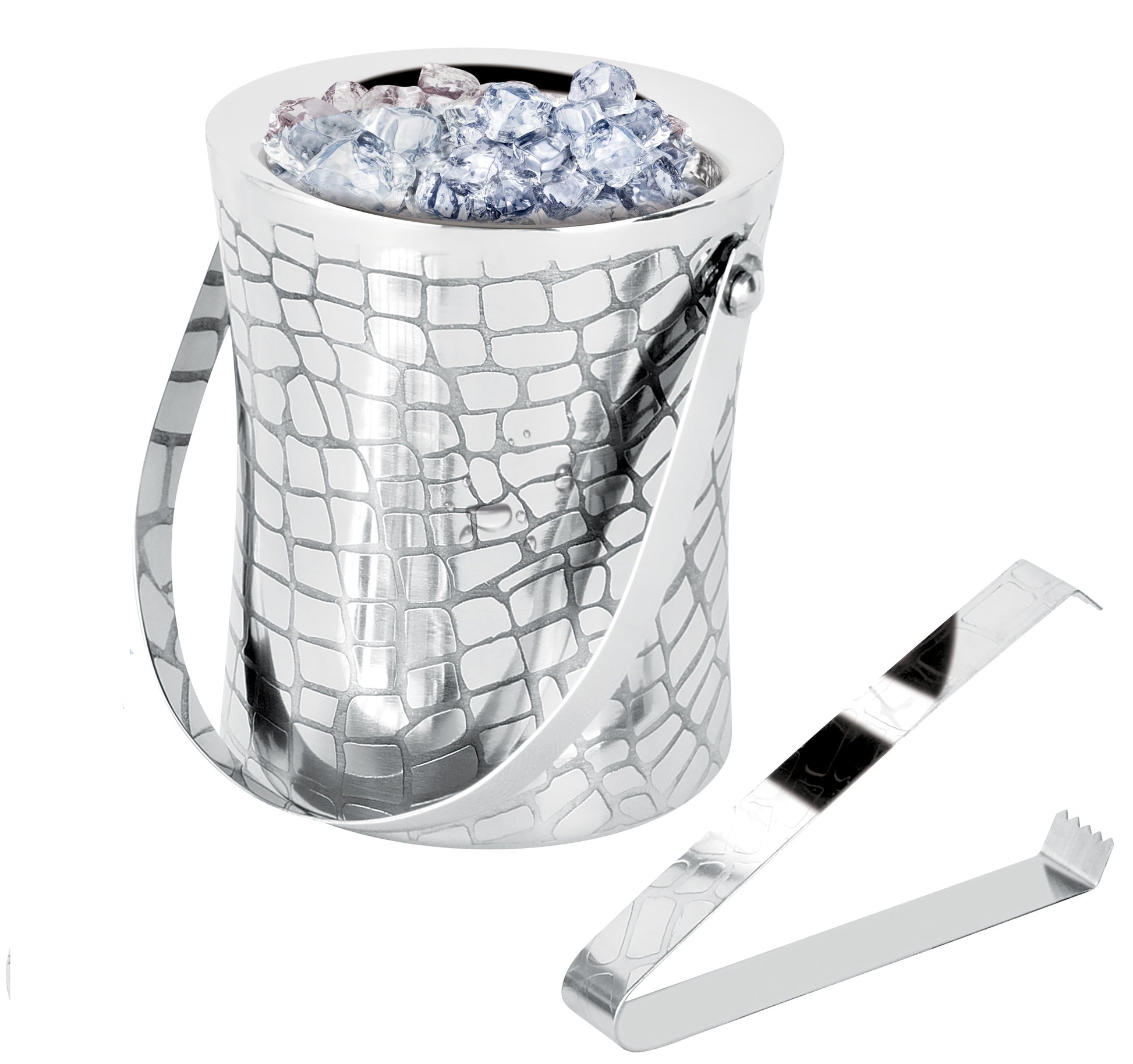 Grid stainless steel ice bucket with tongs on a table filled with ice.