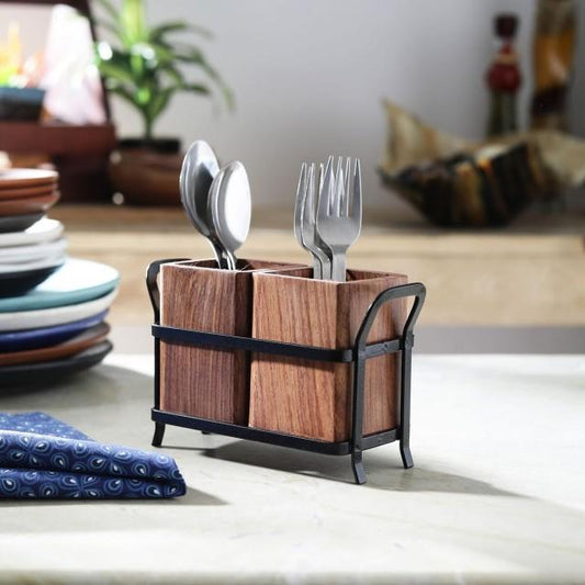 JVS Duo Cutlery Holder Brown in Wood Material with Black Stylish Iron Stand | Kitchen Racks & Holders