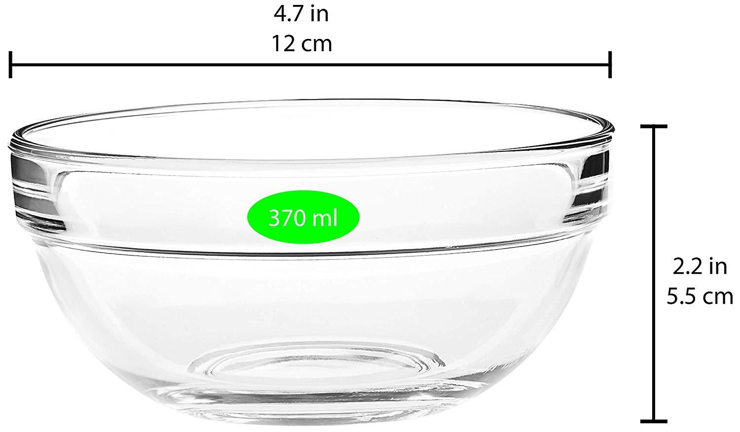 Uniglass Stackable Salad/Curry/Dessert/Serving Glass Bowls Set (Transparent, 370ml) - Set of 6 | Bowl
