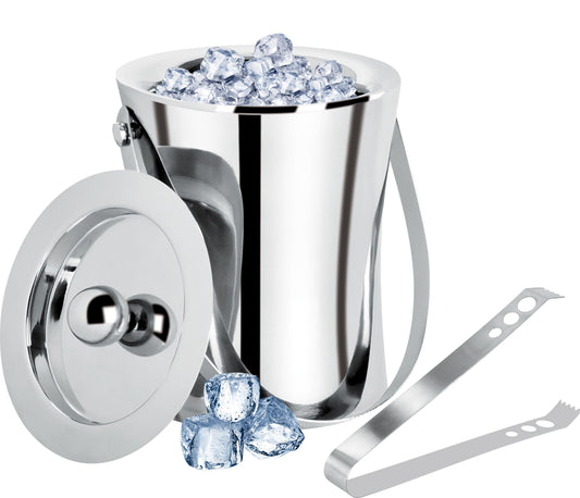 Ice bucket with tongs, filled with ice cubes, ready for serving.